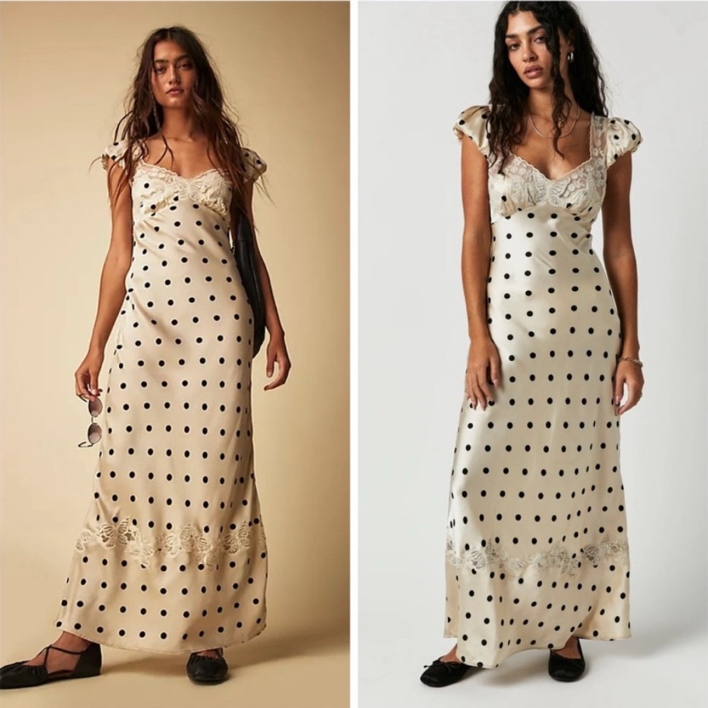 Free People Butterfly Babe Midi Dress Cream Black Polka Dot Medium Tea Combo